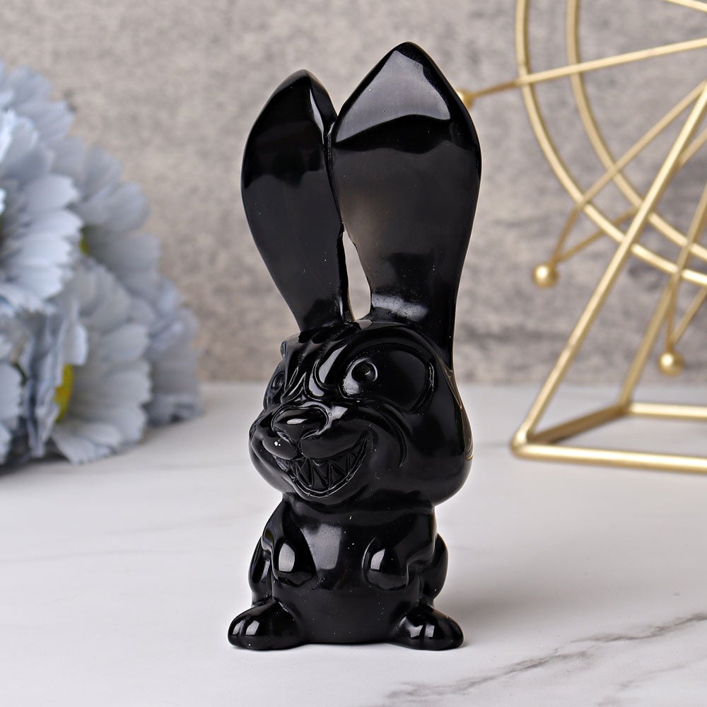 4.7" Black Obsidian Big Ears Rabbit Crystal Carvings Crystal wholesale suppliers