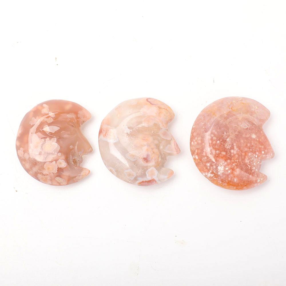 Set of 3 Flower Agate Moon Shape Carvings