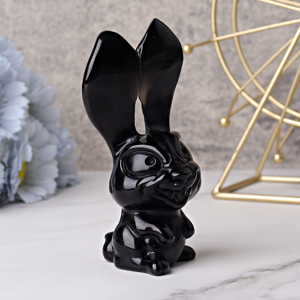 4.7" Black Obsidian Big Ears Rabbit Crystal Carvings Crystal wholesale suppliers