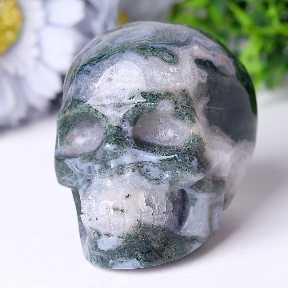 3.5" Unique Moss Agate Crystal Skull Carvings for Halloween