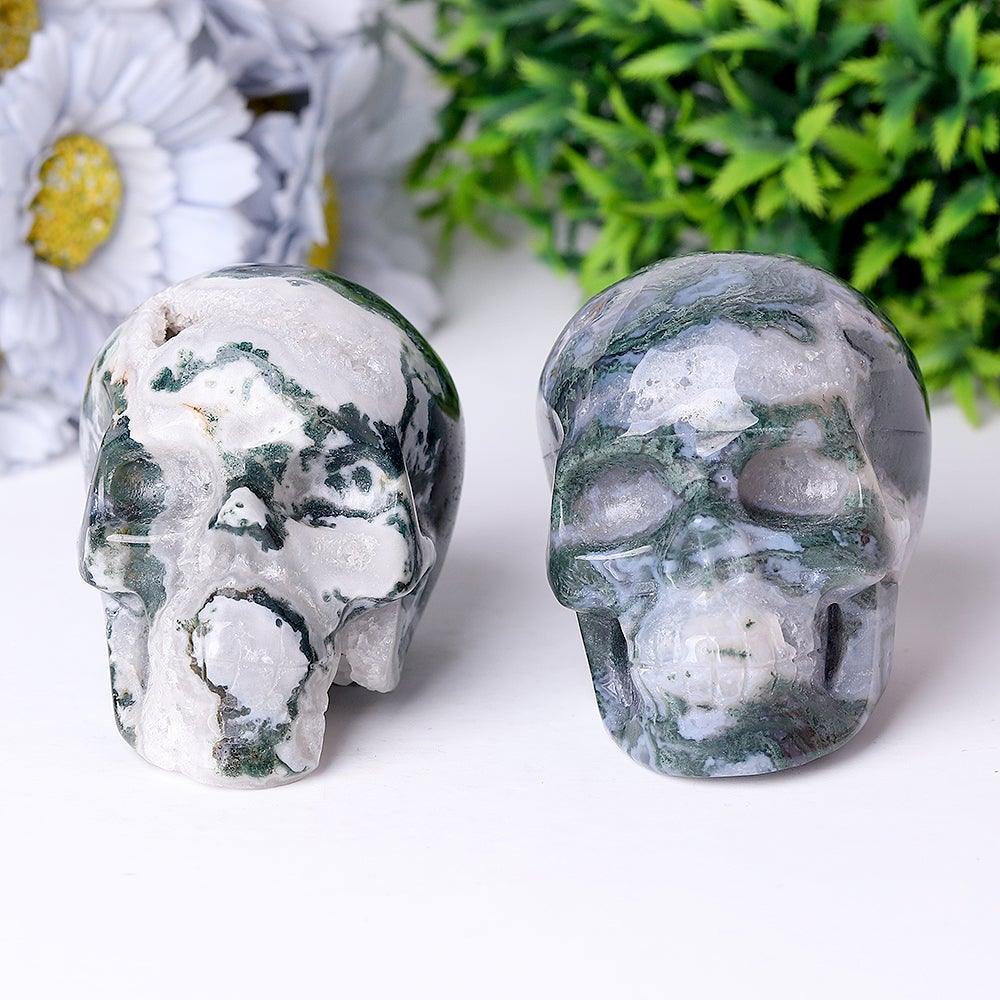 3.5" Unique Moss Agate Crystal Skull Carvings for Halloween