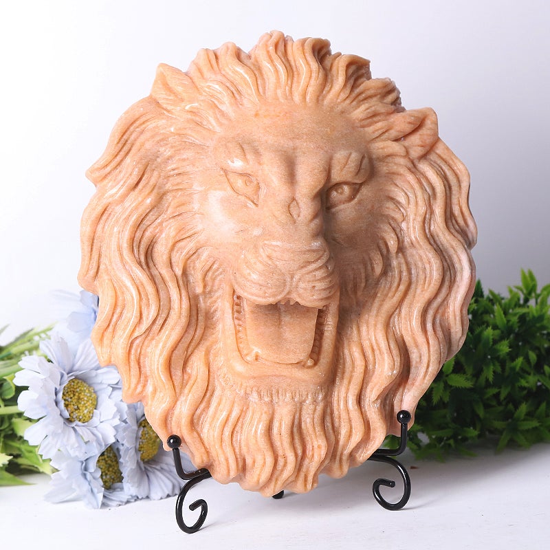 9" Unique Sun Stone Lion Head Crystal Carvings Free Form