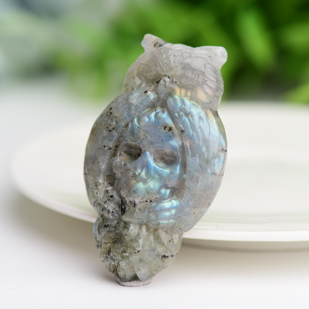 2.1" Labradorite Owl with Skull Dec Crystal Carving