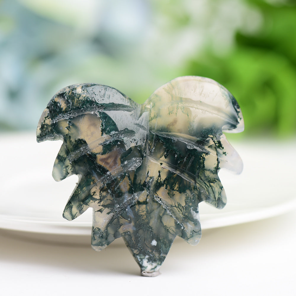 2.0" Moss Agate Maple Leaf Crystal Carving