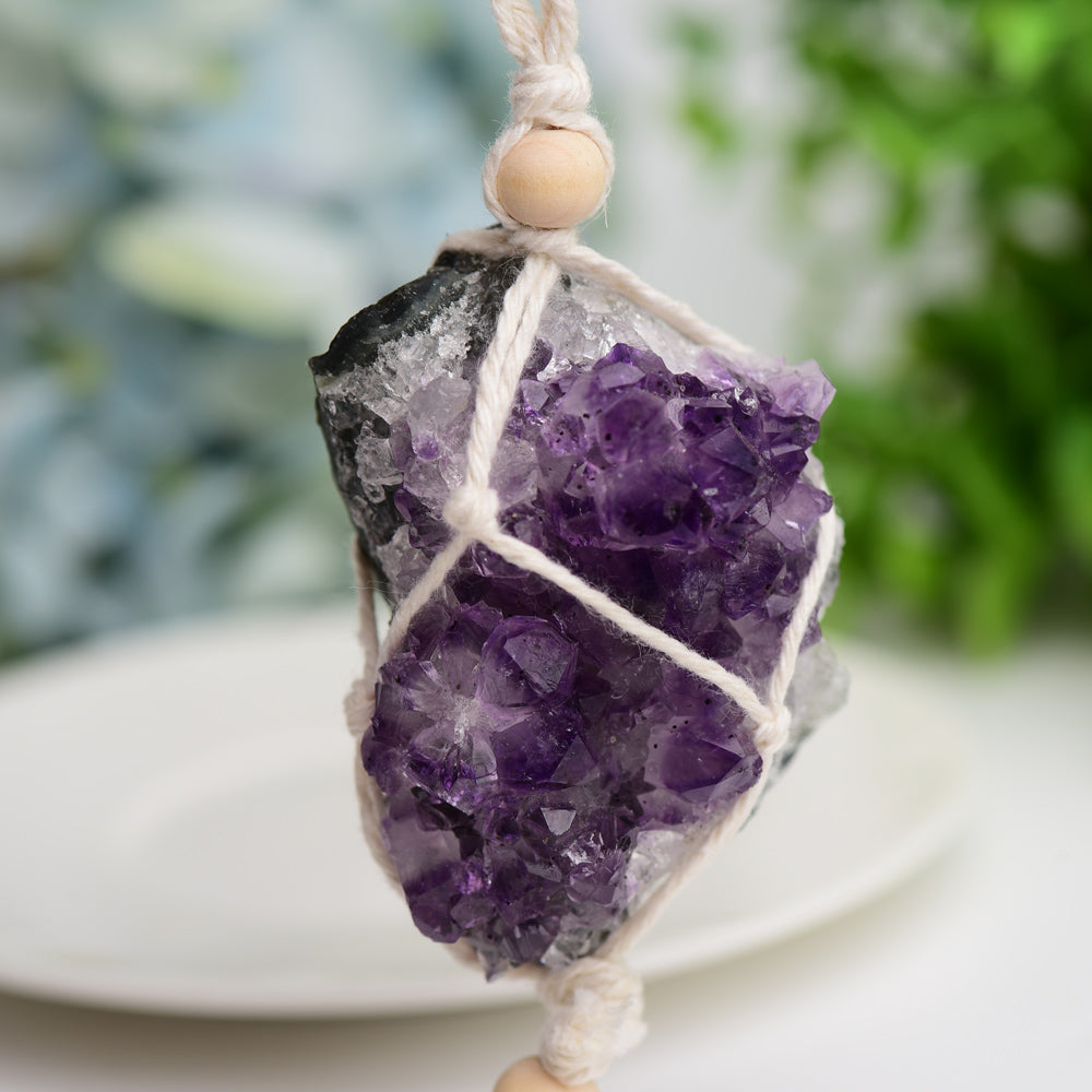 Amethyst Cluster Hanging with Cotton Rope Tassels