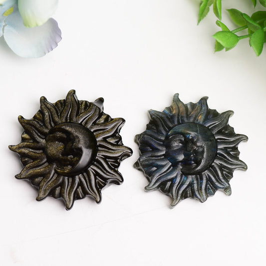 2.0" Labradorite Golden Obsidian Sun& Moon Face Crystal Carving Bulk Wholesale