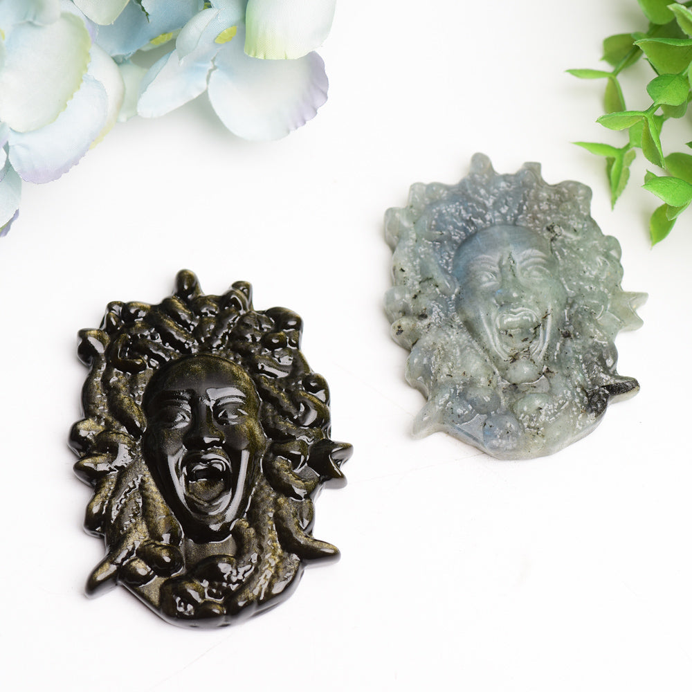 2.8"-3.3" Labradorite Golden Obsidian Medusa Carving Bulk Wholesale