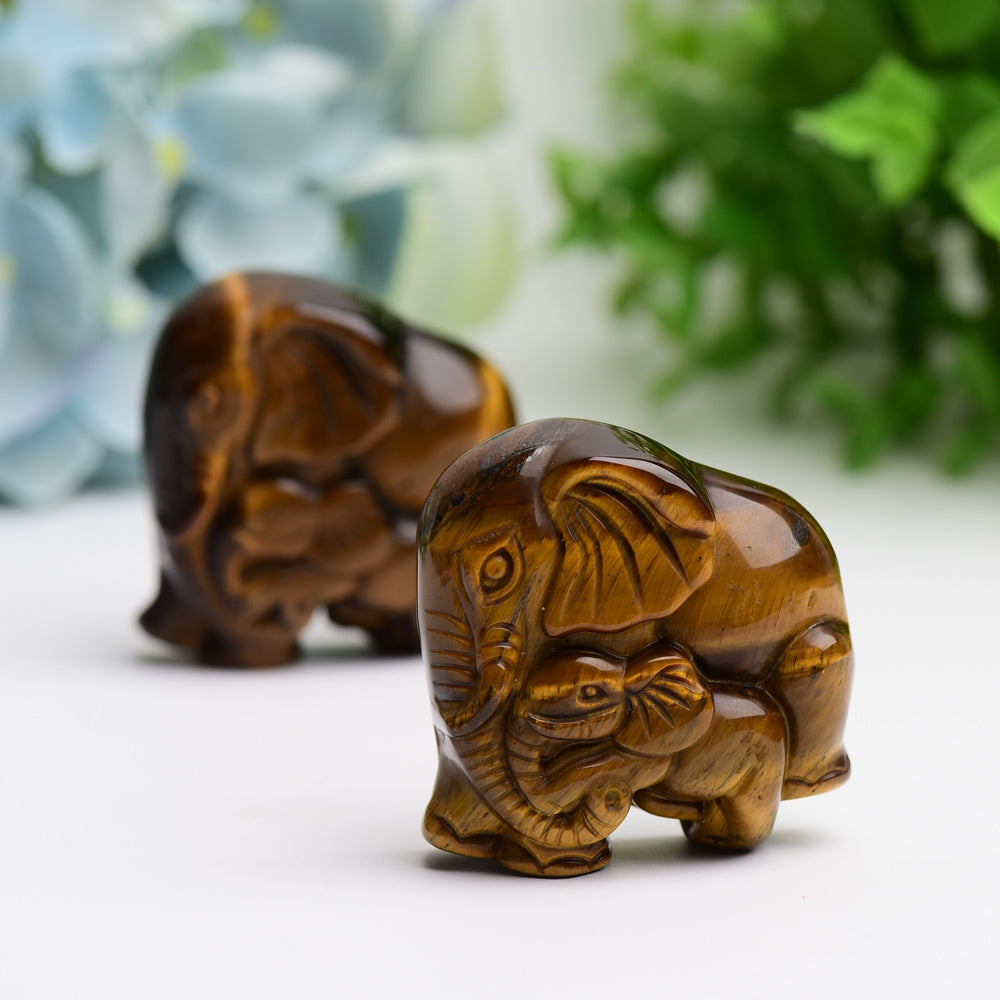 1.8" Tiger's Eye Mother & Baby Elephant Animal Crystal Carving