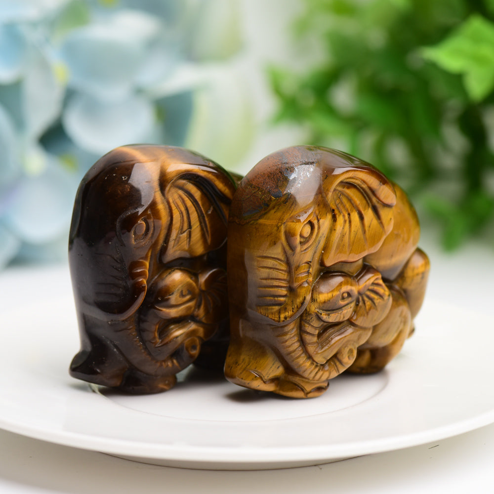 1.8" Tiger's Eye Mother & Baby Elephant Animal Crystal Carving