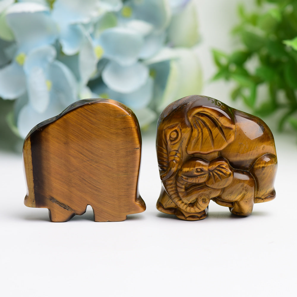 1.8" Tiger's Eye Mother & Baby Elephant Animal Crystal Carving