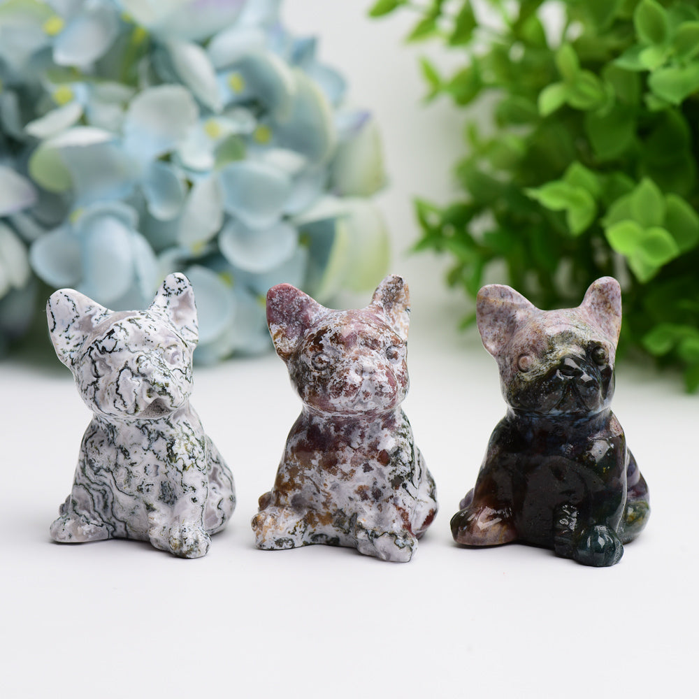 2.4" Moss Agate Bulldog Animal Crystal Carving