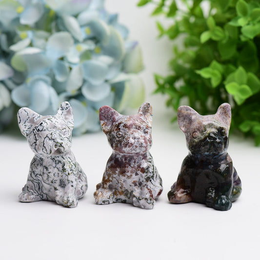 2.4" Moss Agate Bulldog Animal Crystal Carving