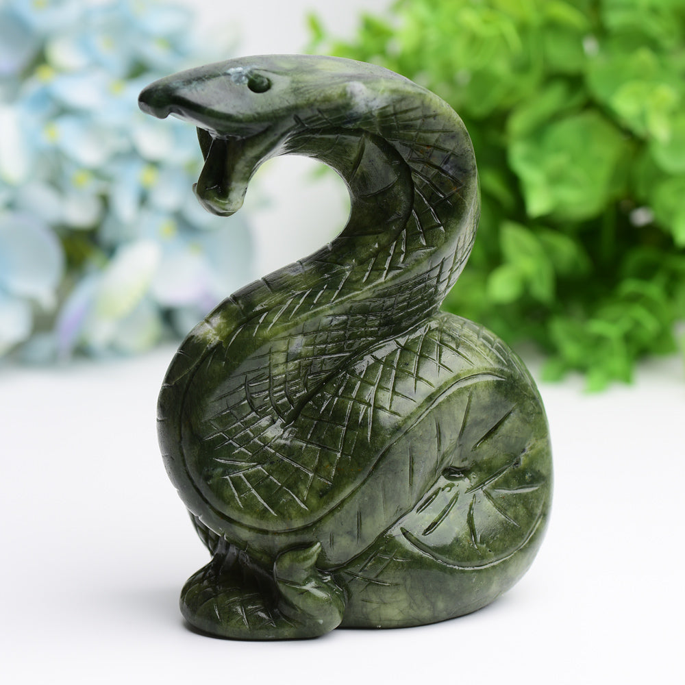 5.5" Green Jade Cobra Snake Crystal Carving Free Form Bulk Wholesale