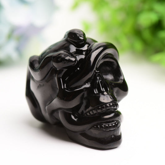 2.9" Black Obsidian Crystal Skull with Snake Decor for Halloween Bulk Wholesale