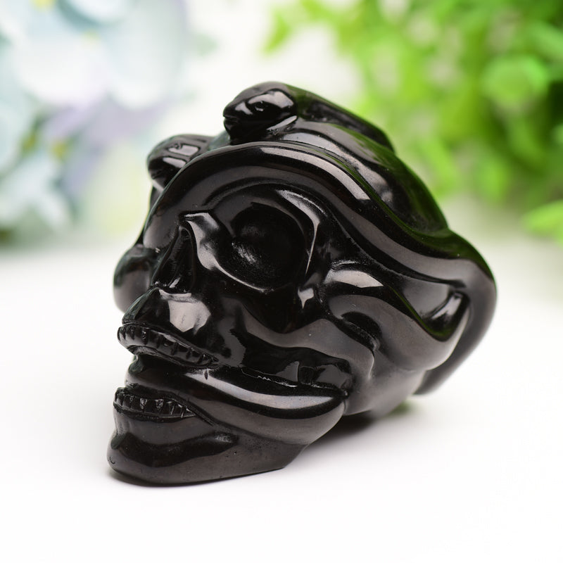 2.9" Black Obsidian Crystal Skull with Snake Decor for Halloween Bulk Wholesale