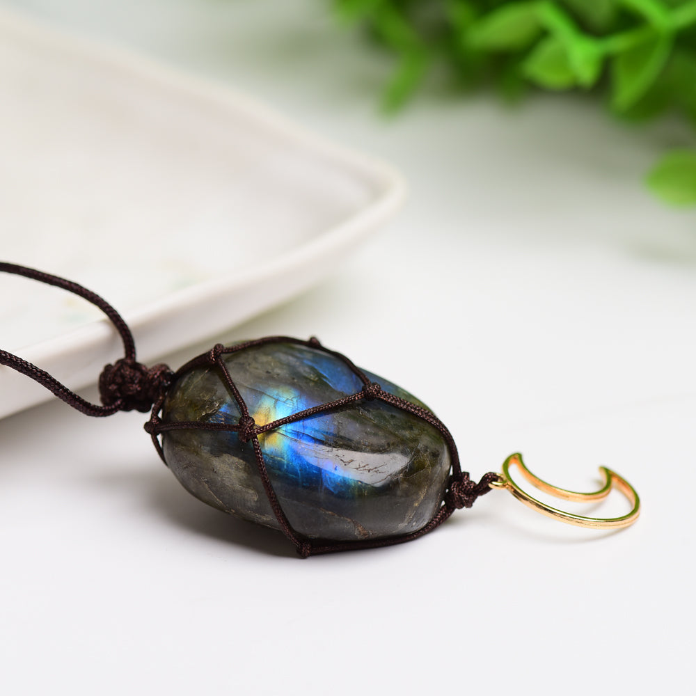 Rope Warrped Labradorite Stone Necklace with metal Moon Decor Bulk Wholesale