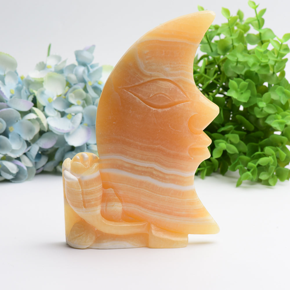 8.0" Huge Orange Calcite Moon Face and Rose Crystal Carving Free Form Bulk Wholesale
