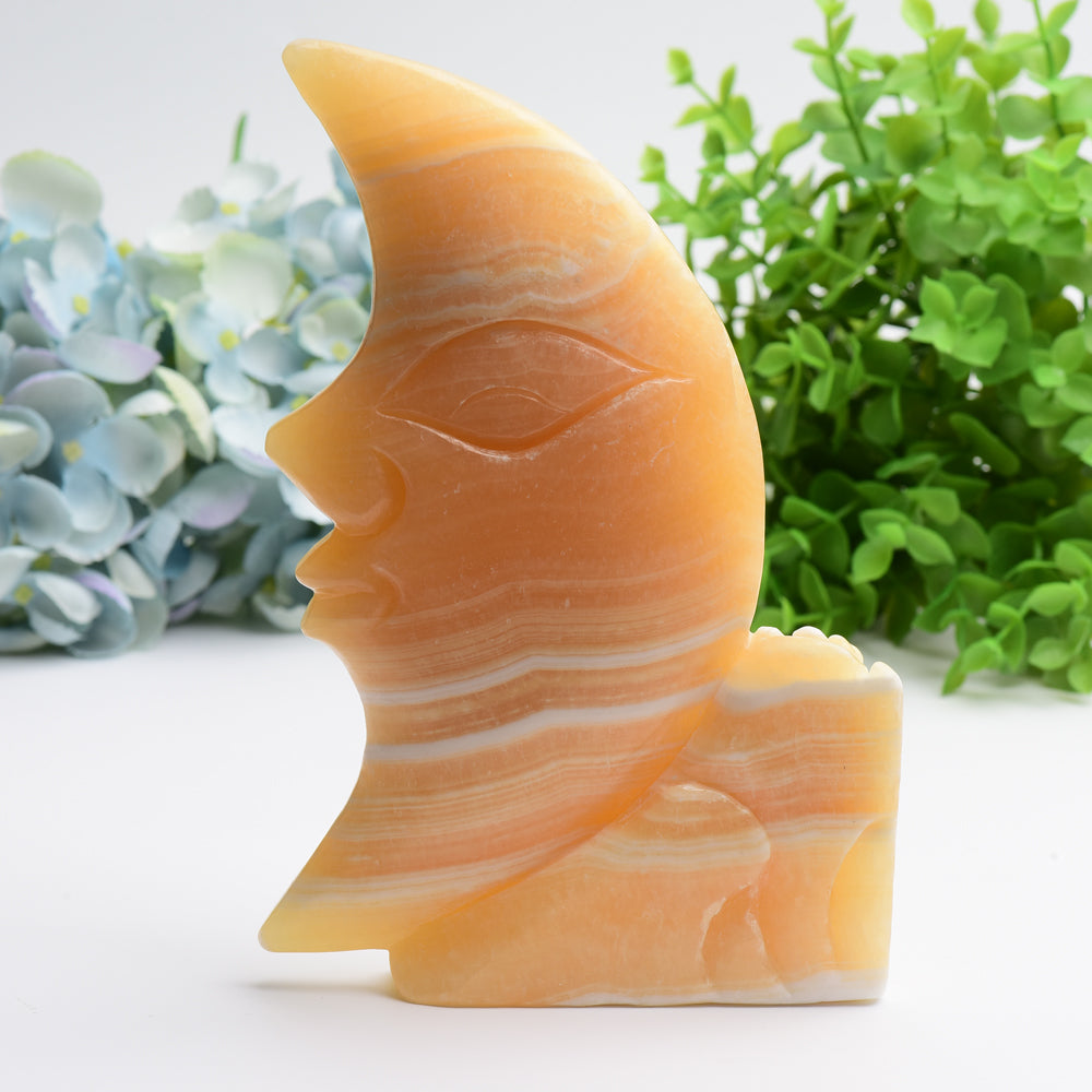 8.0" Huge Orange Calcite Moon Face and Rose Crystal Carving Free Form Bulk Wholesale