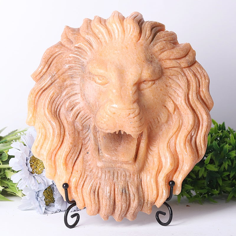 9" Unique Sun Stone Lion Head Crystal Carvings Free Form