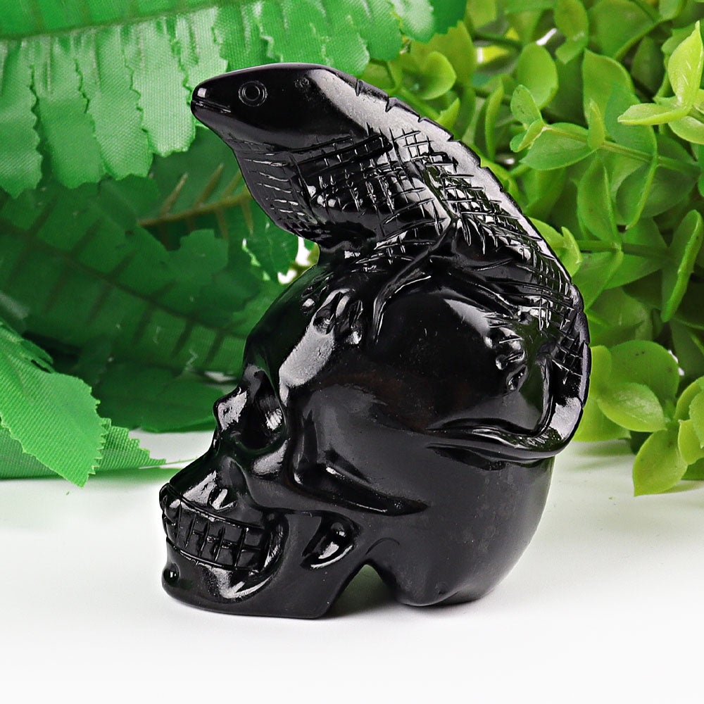 2.8" Black Obsidian Skull with Lizard Decoration Carvings Crystal wholesale suppliers