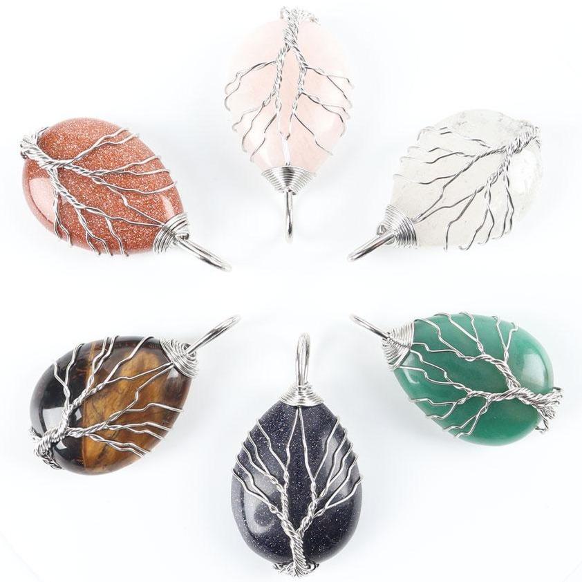 Teardrop Shape Crystal Stone Wire Wrapped Copper Tree of Life Chakra Pendant Crystal wholesale suppliers