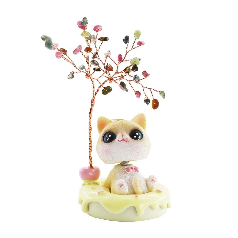 Wealth and Luck Crystal Money Tree with Cute Resin Little Cat  for Home Decor
