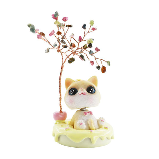 Wealth and Luck Crystal Money Tree with Cute Resin Little Cat  for Home Decor