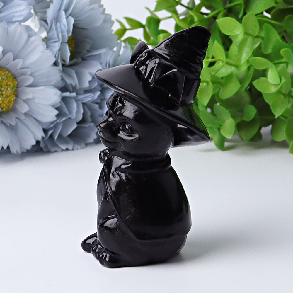 3.5" Black Obsidian Cat with Witch's Hat Crystal Carvings Crystal wholesale suppliers