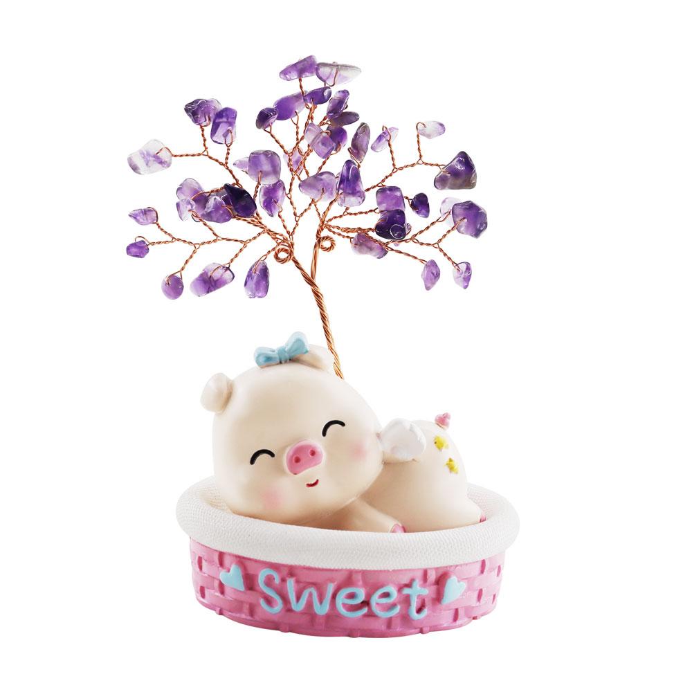 Wealth and Luck Crystal Money Tree with Cute Resin Little Cat  for Home Decor