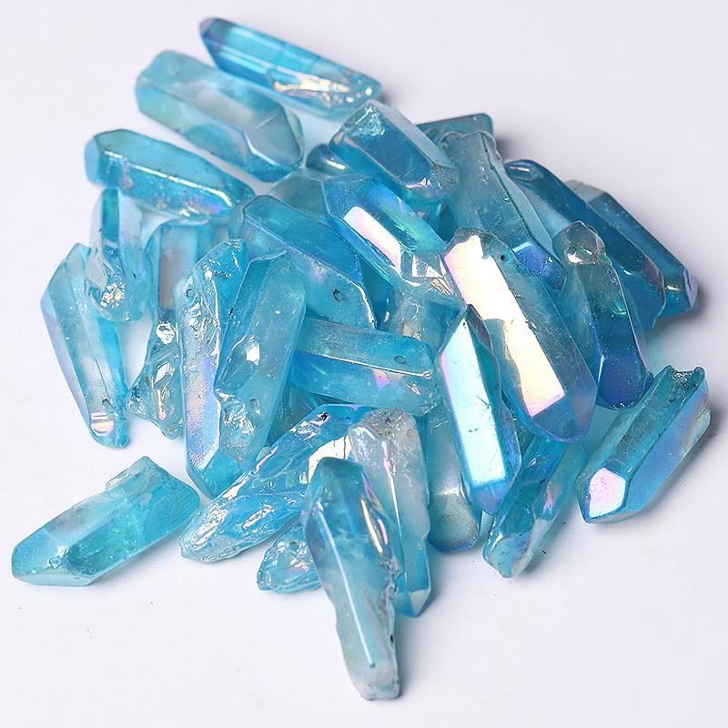 Drilled Blue Aura Quartz Crystal Points Raw Rough Clear Rock Quartz Sticks