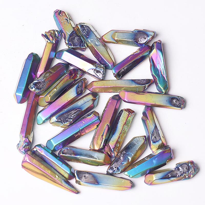 Drilled Titanium Aura Quartz Crystal Points Raw Rough Clear Rock Quartz Sticks