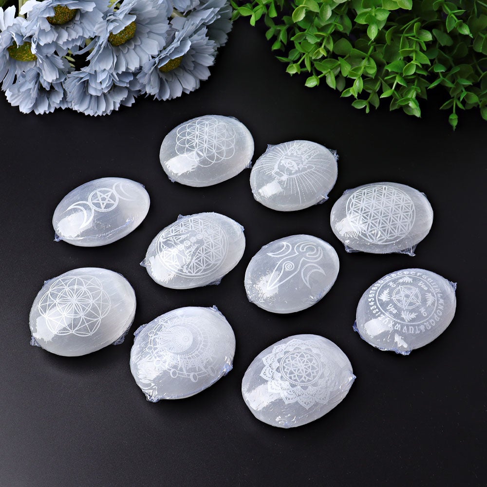 2.4" Selenite Palm Stone with Printing Crystal wholesale suppliers