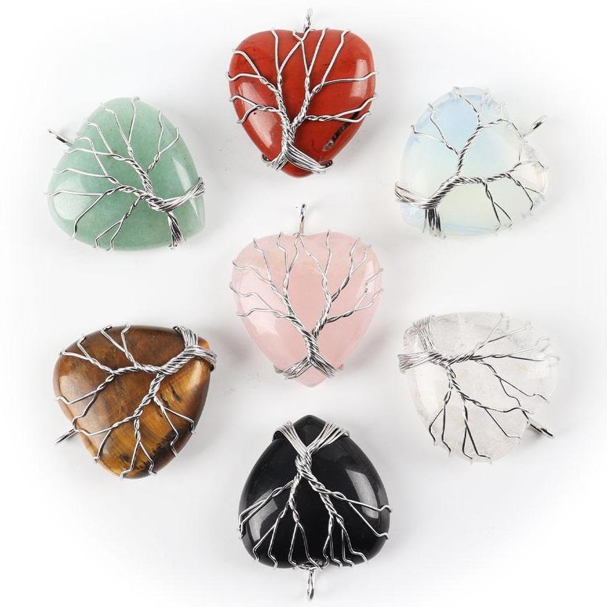 Silver Tree Of Life Wire Wrapped Heart Shape Stone Pendant Crystal wholesale suppliers