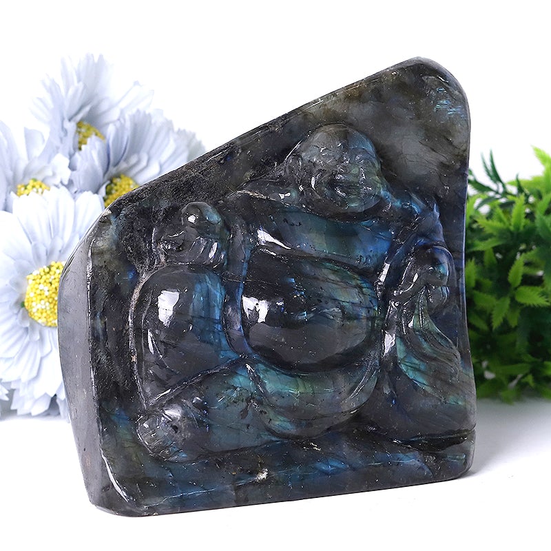 5.5" Unique Labradorite Stone with Buddha Carvings Free Form