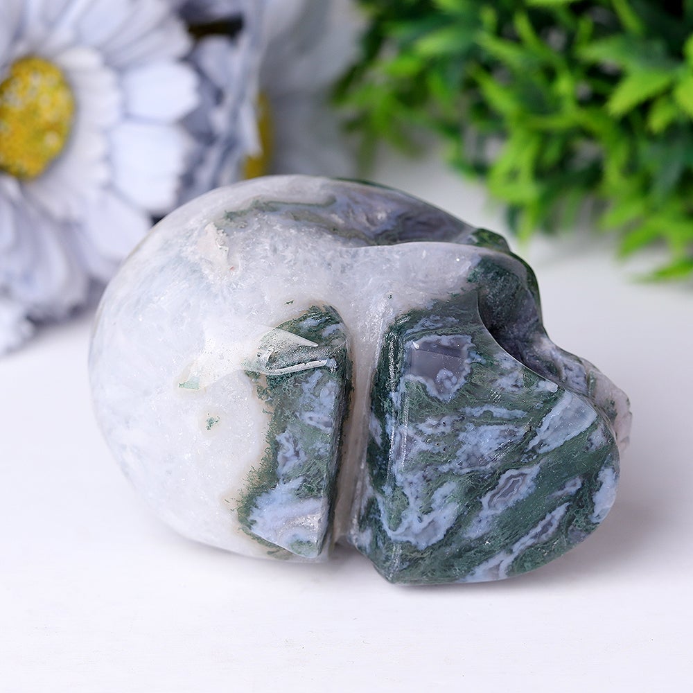 3.5" Unique Moss Agate Crystal Skull Carvings for Halloween