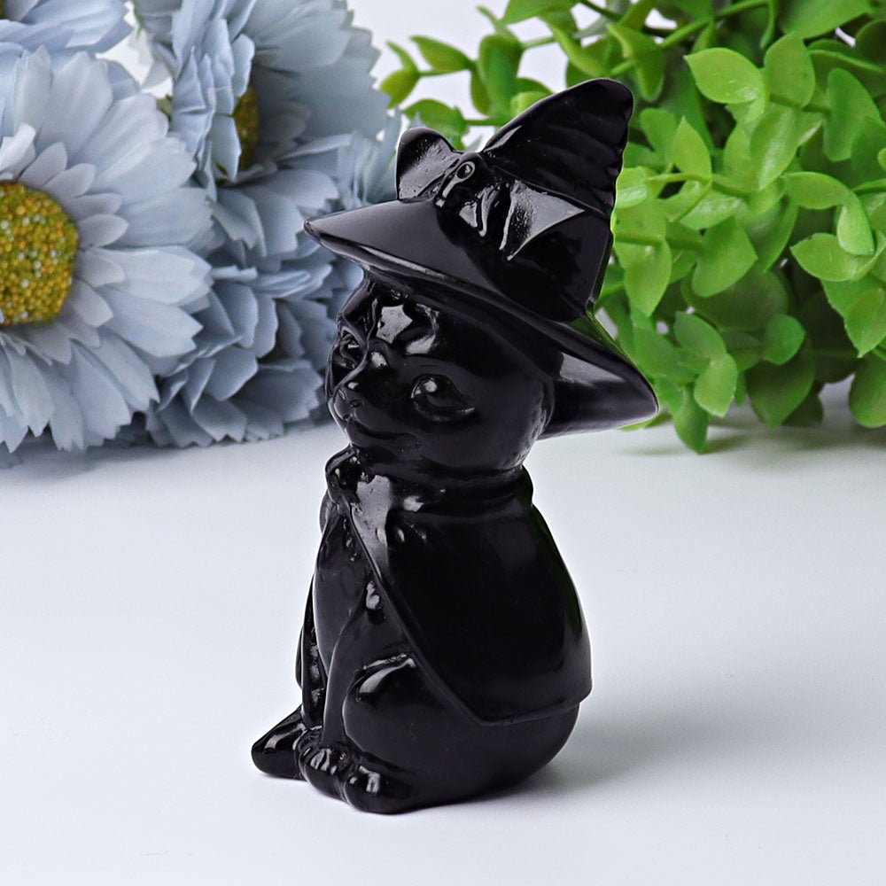 3.5" Black Obsidian Cat with Witch's Hat Crystal Carvings Crystal wholesale suppliers