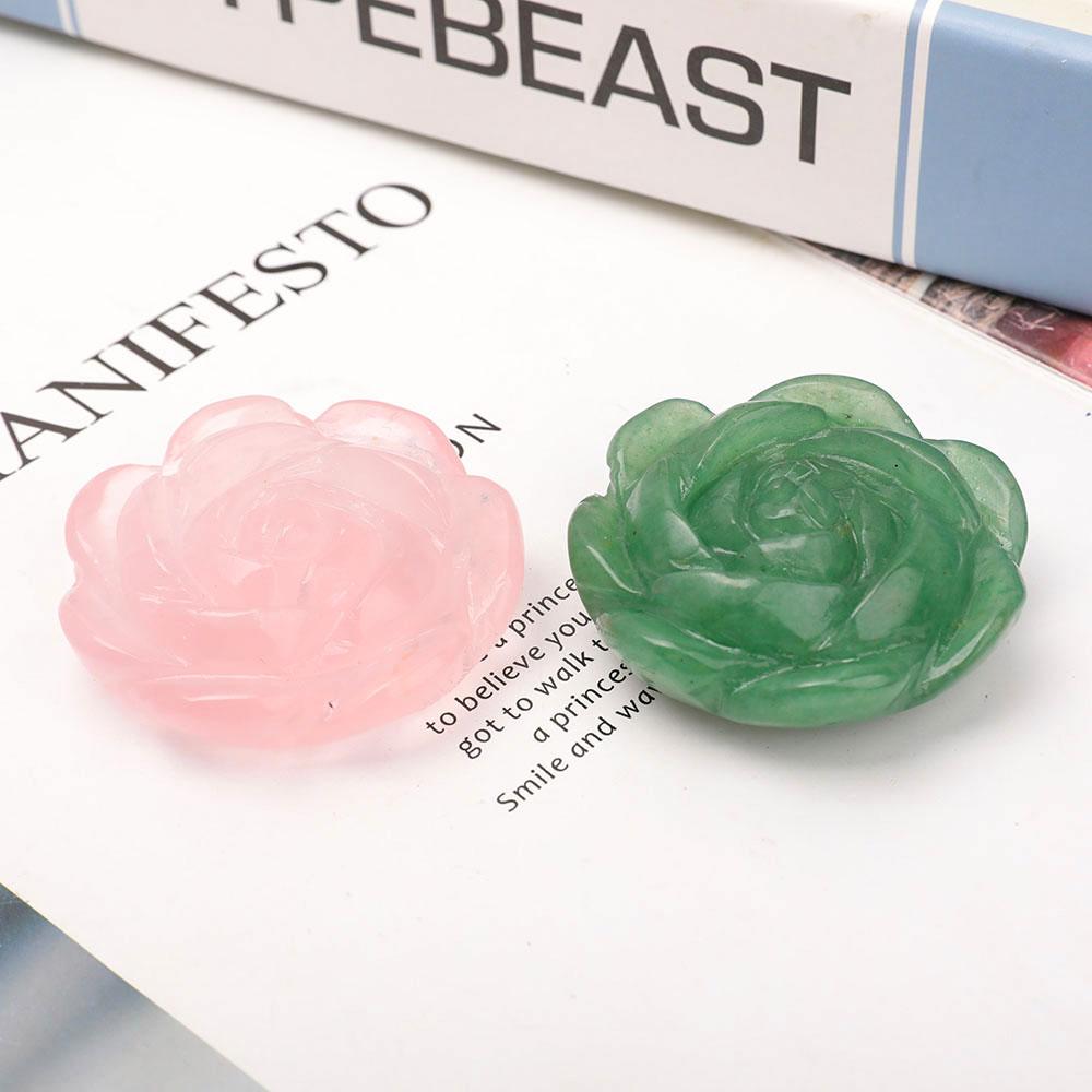 Set of 2 Aventurine Rose Quartz Flower Carvings